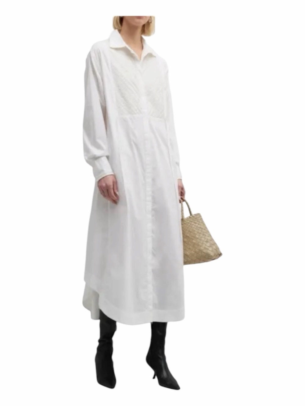 Merlette White Pima Cotton Embroidered Midi Swing Dress